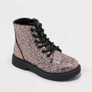 Girls Zoe zipper lace-up combat boots. Sparkly!!